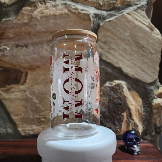 Mom/Flowers DECAL Epoxy sealed 16OZ GLASS CAN TUMBLER CLEAR