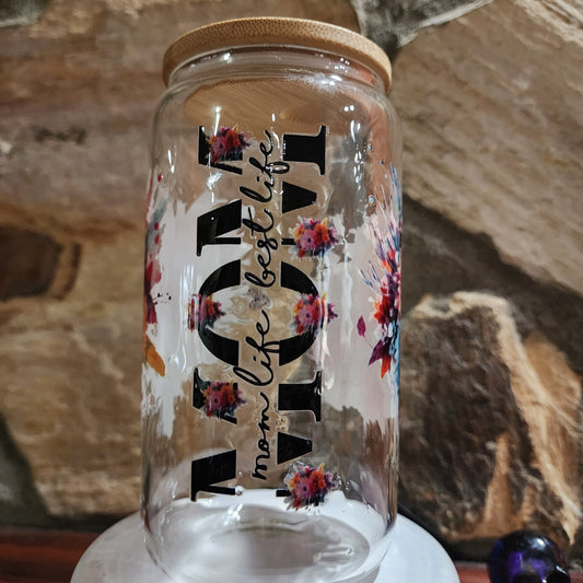 Mom/Flowers DECAL Epoxy sealed 16OZ GLASS CAN TUMBLER CLEAR