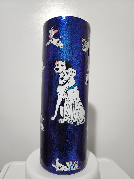 20oz Skinny Tumbler with lip and straw with 101 Dalmatian Dog will put name below big dogs
